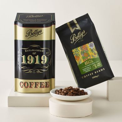 Bettys Brazil coffee beans and coffee caddy