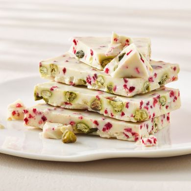 Swiss White Chocolate Bark with Pistachios & Raspberry 